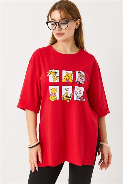 Kadın Yanı Yırtmaçlı Oversize Basic Tshirt Kırmızı