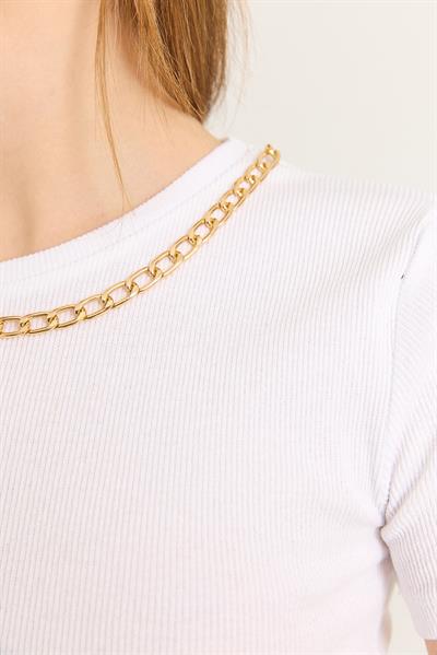 Bisiklet Yaka Zincir Detaylı Kaşkorse Bluz Beyaz