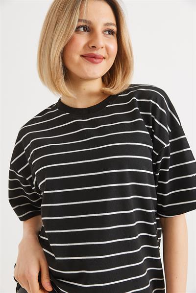 Çizgili İki İp Bayan Tshirt Siyah