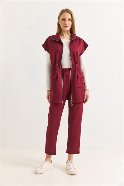 Kadın Beli Lastik Detaylı Scuba Pantalon Yelek Takım Yağ Bordo
