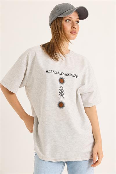Bisiklet Yaka Kısa Kol Baskılı Tshirt Gri