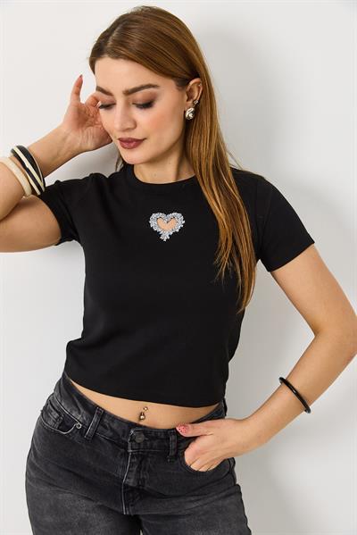 Kadın Taşlı Kalp Detaylı Crop  Bluz  Siyah