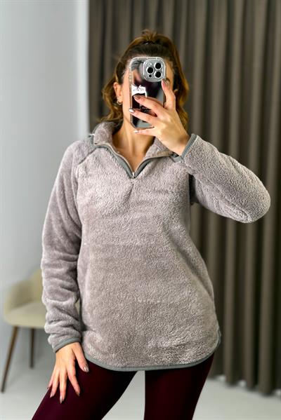 Kadın Yarım Fermuarlı  Welsoft Peluş Gri Sweatshirt 