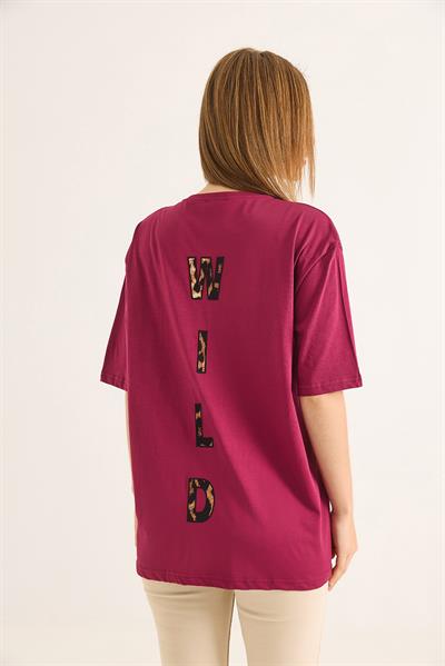 Ön Arka Nakışlı Oversize Pamuk T-Shirt Bordo