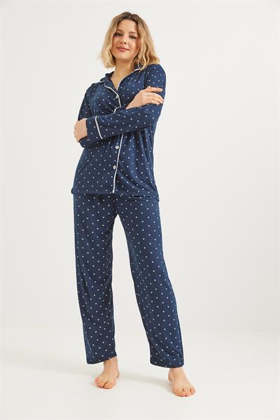 Düğmeli Uzun Kollu Pijama Takımı Lacivert