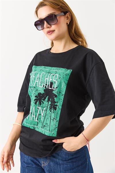 Kadın Baskılı Bisiklet Yaka Kısa Kol Tshirt Siyah