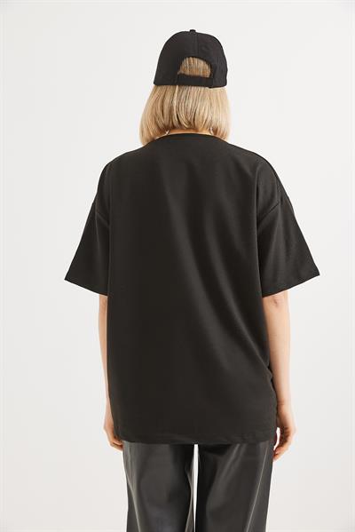 Ayıcık Baskılı Bisiklet Yaka Tshirt Siyah