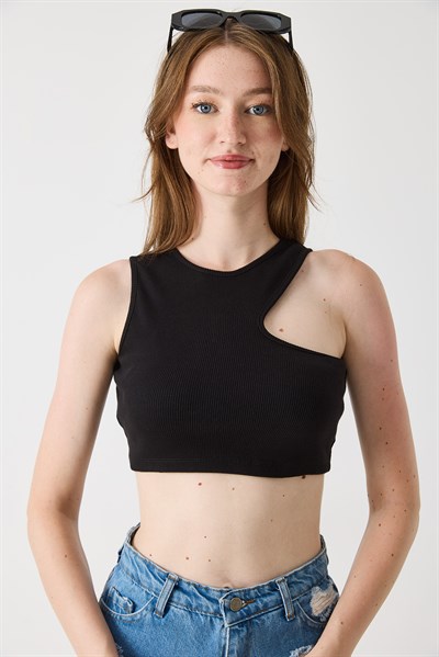 Kadın Göğüs Dekolte Kaşkorse Crop Bluz Siyah