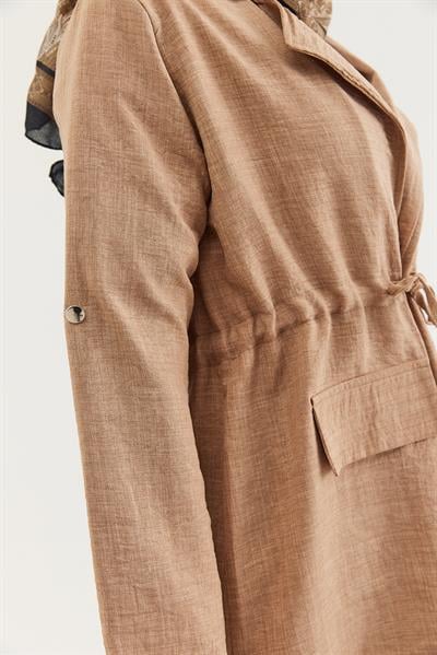 Bel Bağlamalı Ceketli Keten Takım Bej