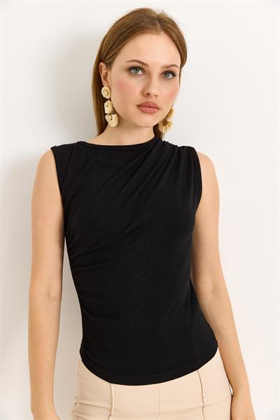 Yanları Büzgülü Pamuk Örme Bluz  Siyah