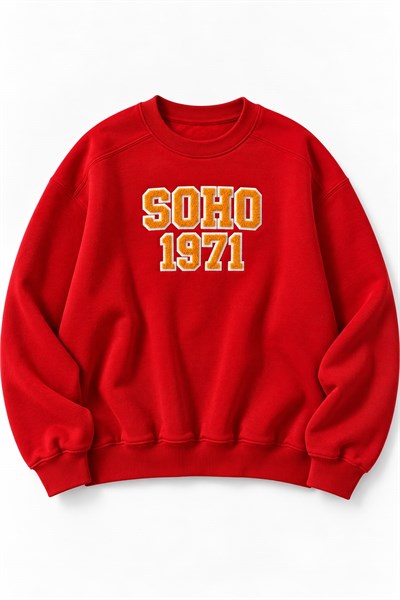 Kadın Bisiklet Yaka Şardonlu Oversize Baskılı Sweatshirt Kırmızı