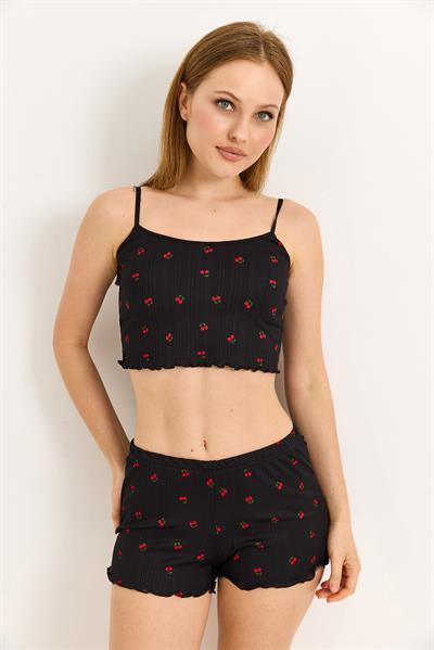 Croplu Kiraz Baskılı  Rahat Pijama Takımı Sİyah