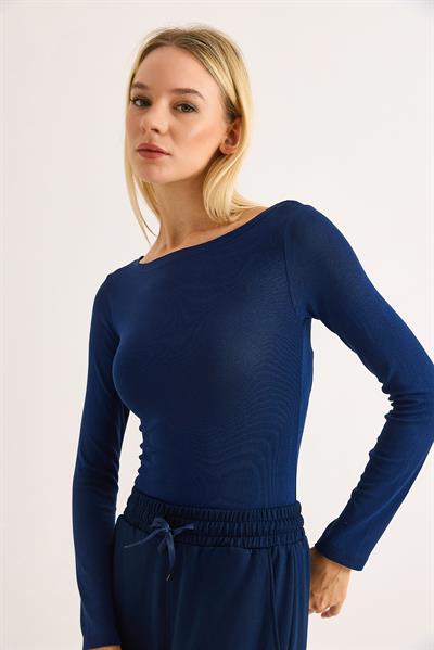 Geniş Yaka Rahat Uzun Kollu Bluz Lacivert