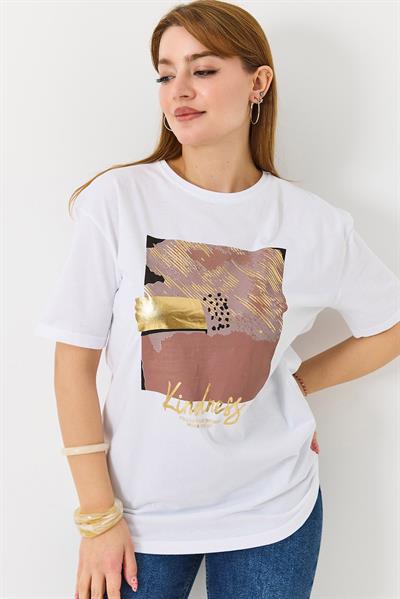 Kadın Parlak Baskılı Bisiklet Yaka Tshirt Beyaz