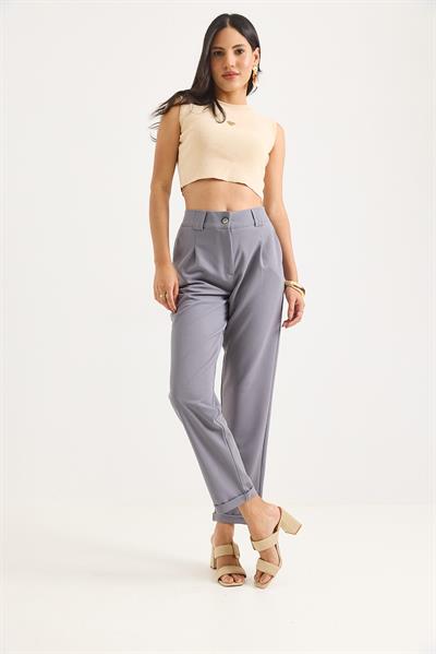Beli Lastikli Katlı Paça Kadın Pantolon Gri