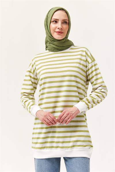 Çizgili Oversize Tunik Açık Yeşil