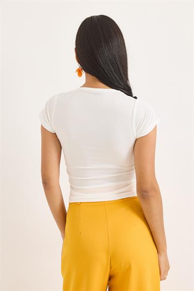 Kruvaze Yaka Çarpaz Bağlama Detaylı Bluz Beyaz