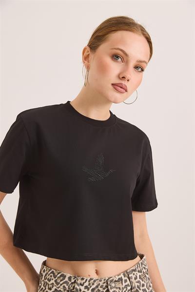 Rahat Kalıp Pamuk Örme Crop Tshirt Siyah