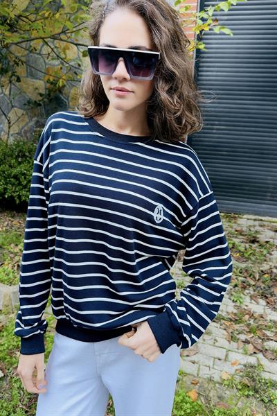 Kadın Çizgili Lacivert Sweat Şardonsuz 3 iplik