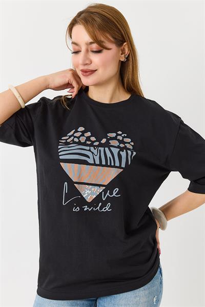 Kadın Kalp Baskılı Bisiklet Yaka Tshirt Siyah