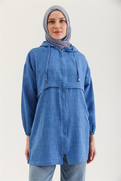 Araboy Kapşonlu Keten Kap Mavi