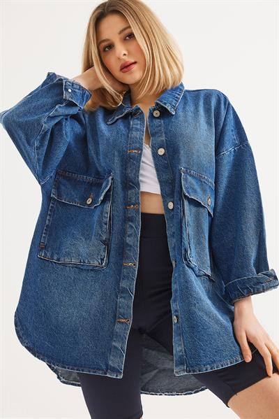 Çift Cepli  Oversize Kot Ceket Mavi