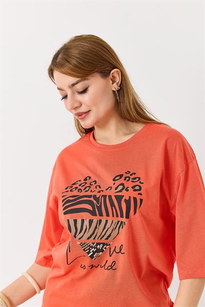 Kadın Kalp Baskılı Bisiklet Yaka Tshirt Nar Çiçeği