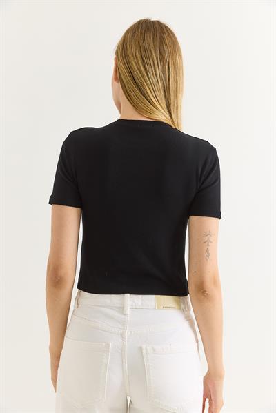 Deniz Yıldızı Baskılı Bisiklet Yaka Crop Siyah