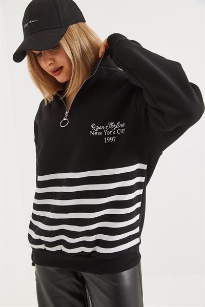  İçi Şardonlu Baskılı Fermuarlı Sweatshirt  Siyah
