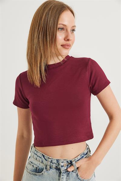 Bisiklet Yaka Esnek Crop Bluz Bordo
