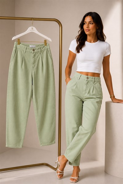 Kadın Yüksel Bel Mom Model Pantolon Yeşil