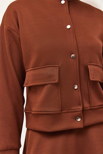 Metal Düğmeli Etekli Scuba İkili Takım Kahverengi