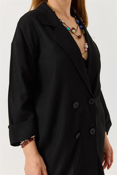 Kadın Kruvaze Yaka Oversize Blazer Ceket Siyah