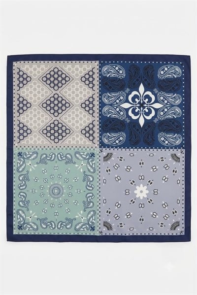 Etnik Desenli 60X65 Ölçülü Saten Fular Mavi