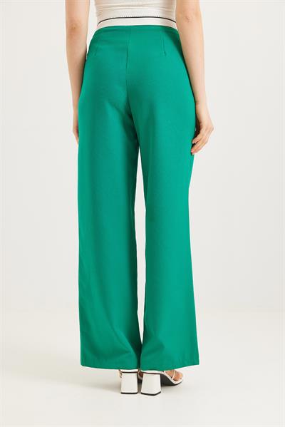 Beli Şeritli Bol Paça Pantolon Yeşil