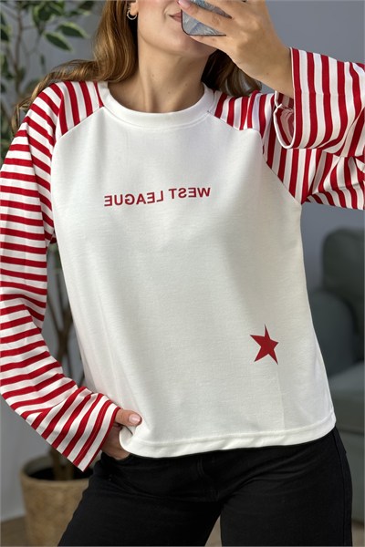 Kadın Kolları Çizgili Yıldız Baskılı Bisiklet Yaka Tshirt Kırmızı