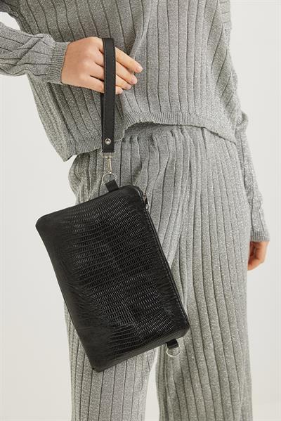 Deri Görünümlü Zincir Askılı El Ve Omuz Çantası Siyah1