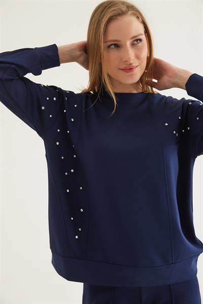 Taş Detaylı Modal Sweatshirt Lacivert