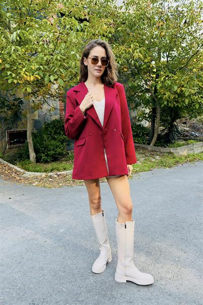 Kadın Oversize Spor ve Şık Tek Düğmeli Ceket Kırmızı