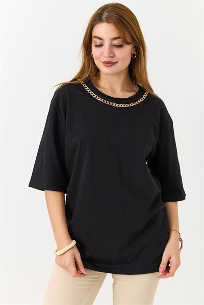 Kadın Yakası Gold Zincirli Bisiklet Yaka Tshirt Siyah