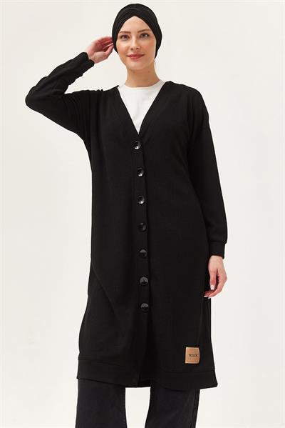 Düğmeli Triko Uzun Hırka Siyah