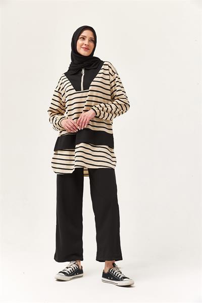 Fermuarlı Çizgili Gömlek Yaka Takım Siyah