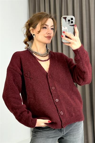 Kadın Düğmeli Geniş Kesim Triko Hırka Bordo