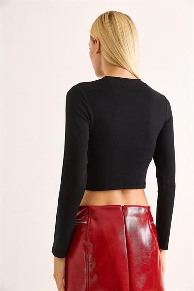 Kadın Kurdeleli Uzun Kollu Crop Bluz Siyah