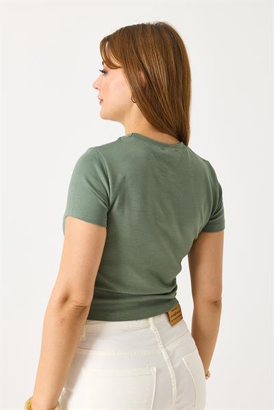 Kadın Kısa Kollu Yıldız Taşlı Crop Bluz Yeşil