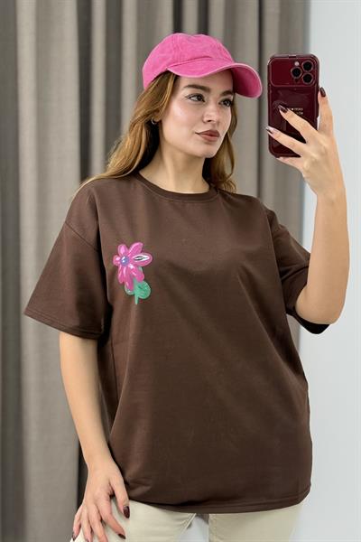 Baskılı Bisiklet Yaka Basic Tshirt Kahverengi