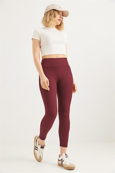 Yüksek Bel Fitilli Toparlayıcı Tayt Bordo