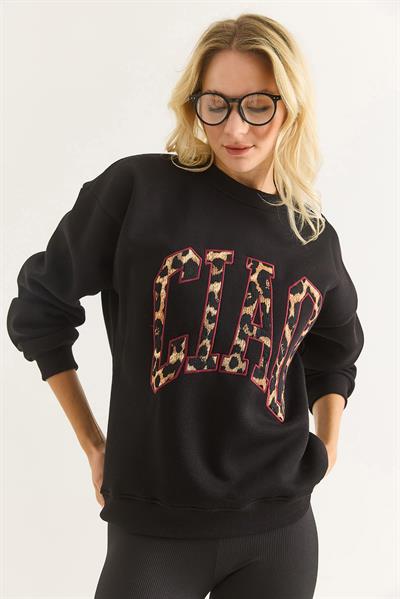 Kadın Üç İplik Leopar Baskılı Sweatshirt Siyah