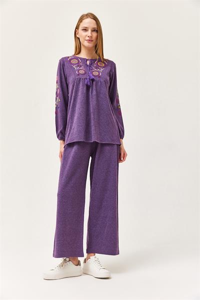 Hera Kumaş Önü ve Kolları İşlemeli İkili Takım Mor