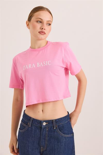 Baskılı Kısa Kol Pamuk Crop Tshirt Pembe